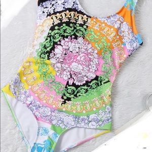 Versace swimsuit (NWT) and dust bag. Small. (Size 2) white-multicolor.